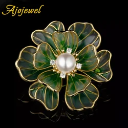 Ajojewel Enamel Green Peony Artificial Flowers Luxury Brooch Woman Trends Gift For Wife Pearl Pin For Scarf For Women