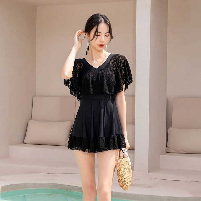 Nuevo Traje de baño de una pieza con falda de manga corta de talla grande para mujer