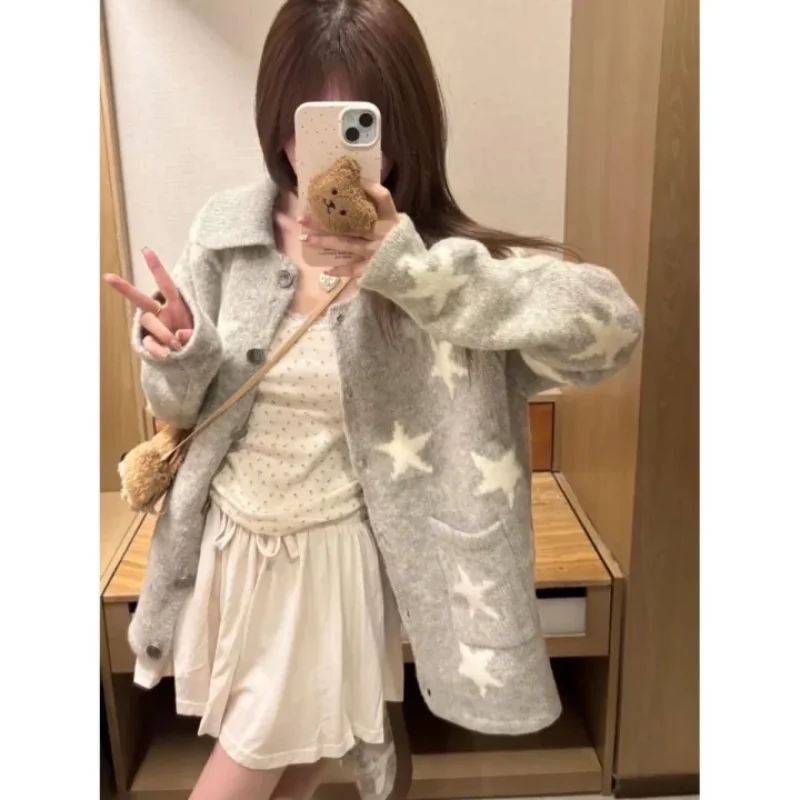 

Весенне-осенний женский кардиган контрастного цвета для девочек, дизайн свитера в американском стиле ретро со звездами, вязаные топы для пикантных девушек, эмо