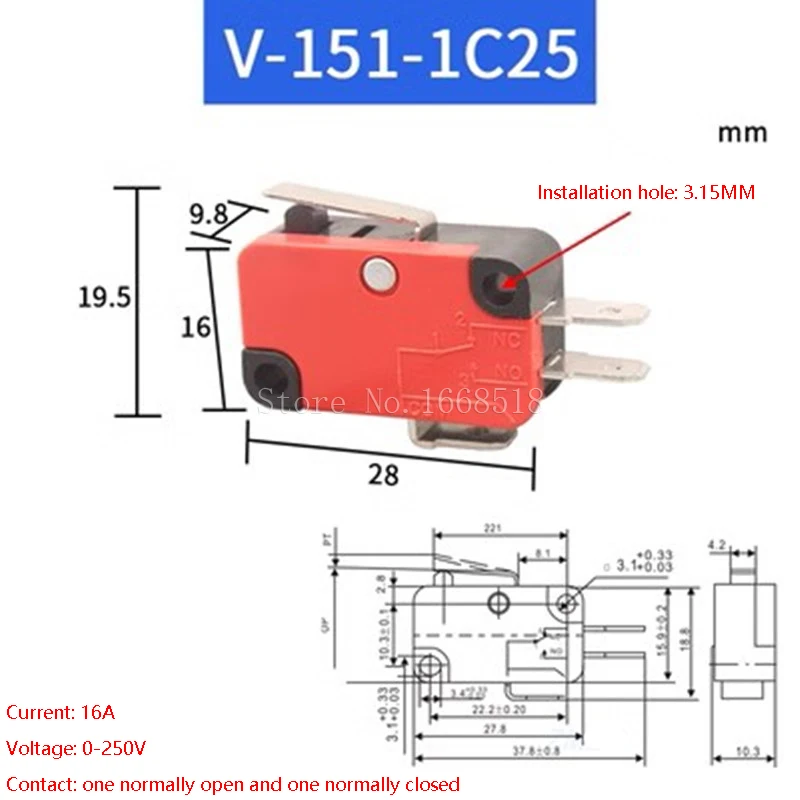 V-15 V-151 V-152 V-153 V-154 V-155 V-156-1C25 Mikroprzełącznik 16A 250VAC SPDT Chwilowy wyłącznik krańcowy 1NO1NC Rolka dźwigniowa