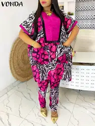 Plus Size 5XL VONDA Women Summer Pants Sets 2024 Elegant Short Sleeve Print Blouse Trousers Sets 2024 Matching Sets Casual Suits