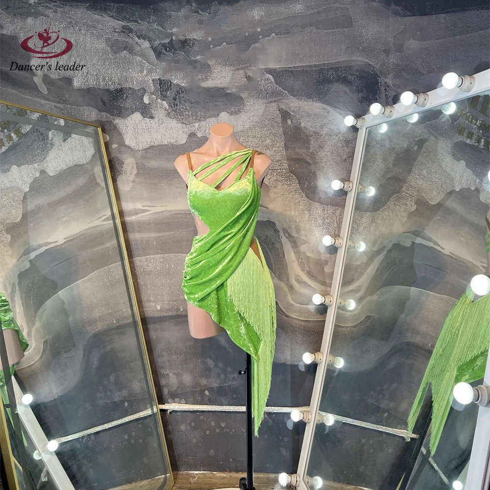 Concours de danse latine, vêtements pour femmes, Costume d'examen d'art en velours vert haut de gamme, robe de spectacle Cha Samba