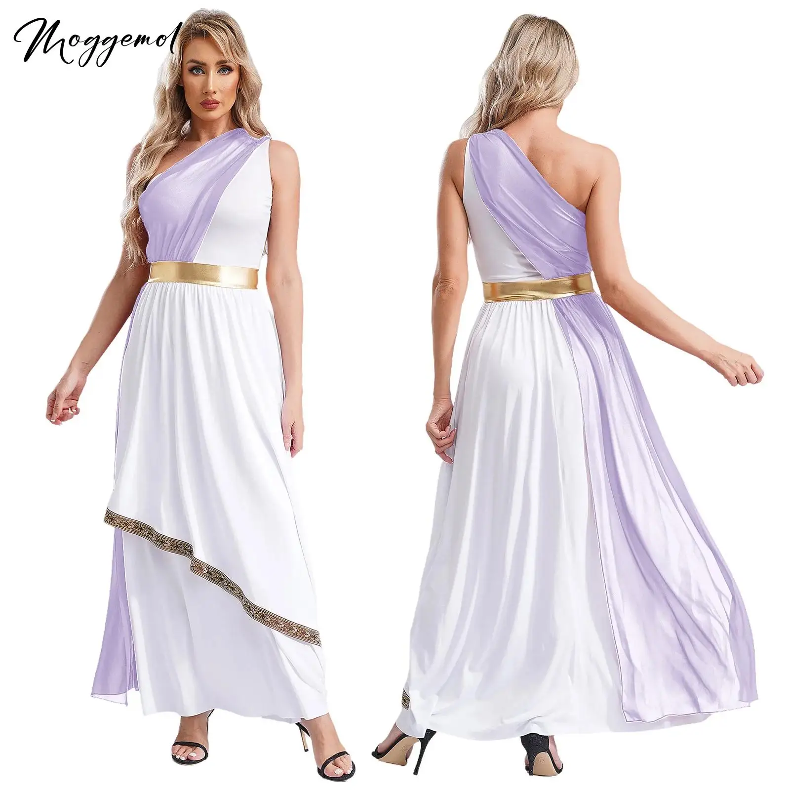 

Womens Ancient Greek Princess Toga Goddesses Costume Grecian One Shoulder Chiffon Overlay Vintage Trim Tunic Dress Gown Dress