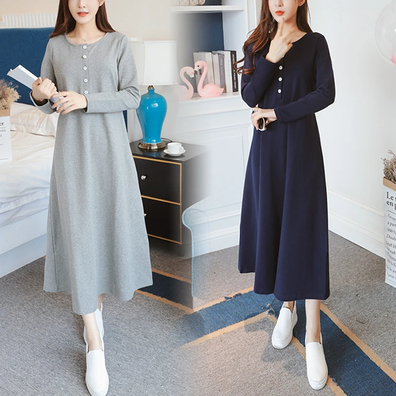 

Maternity Nursing Dresses Solid Color Button Long Sleeve Maternity Dress with Nursing Function Maternity Clothes Pregnancy Dress