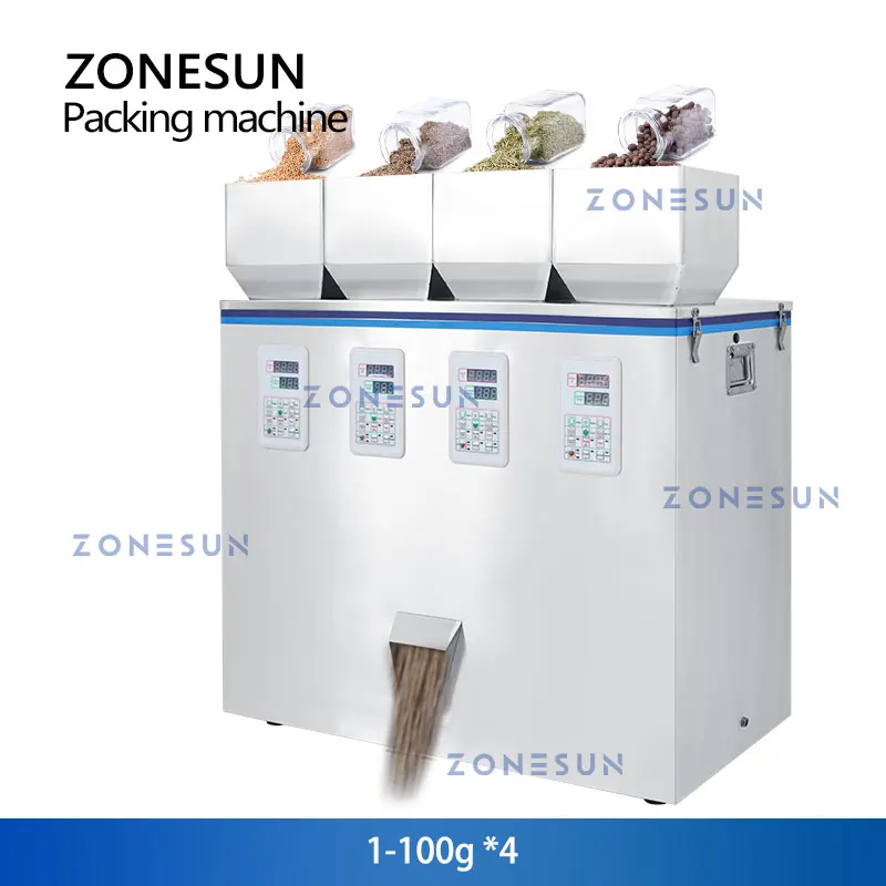 ZONESUN Butiran Mengisi Berat Mesin 4 Hopper Tepung Kacang Teh Daun Kacang Campuran Lada Musiman Kemasan ZS-GWF4