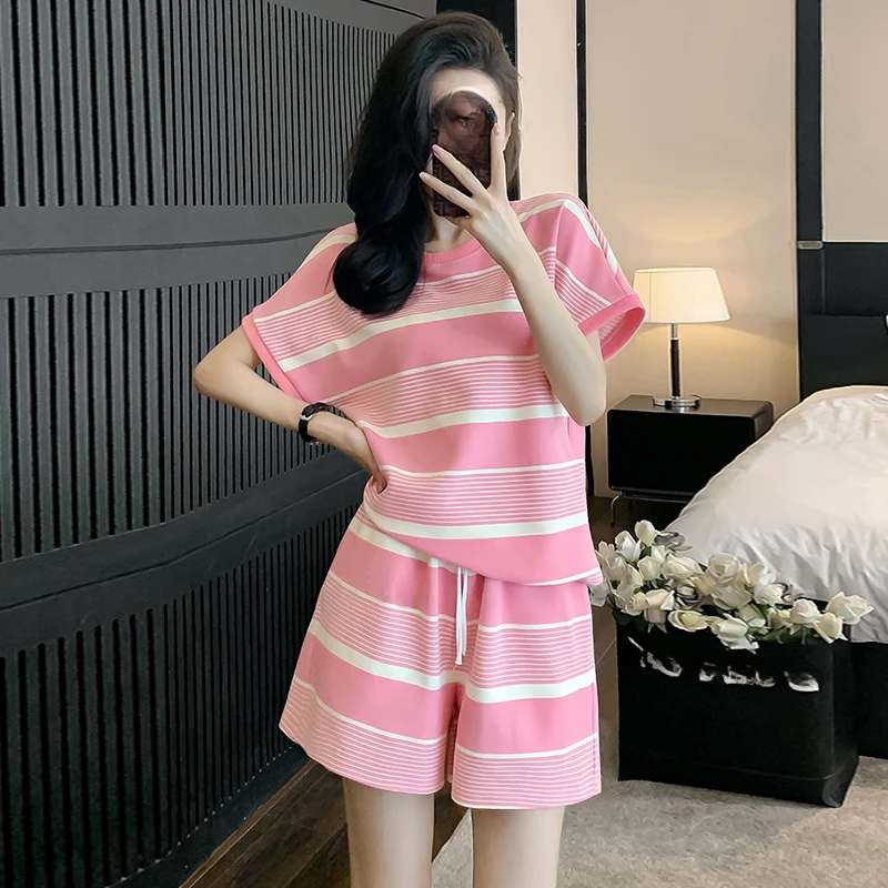 Summer Casual Women Running Sports set stripe Suit korean Loose Short Sleeve O-neck Tops & Shorts 2 piece sets womens outfits