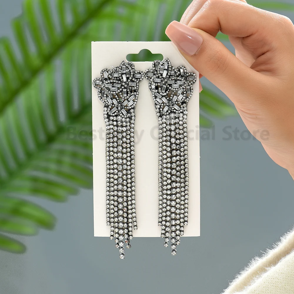 Boho Style Drop Hanging Long Tassel Crystal Chain Earrings Luxury Quality Designer Pendants Fashion Party Jewelry Gift For Women
