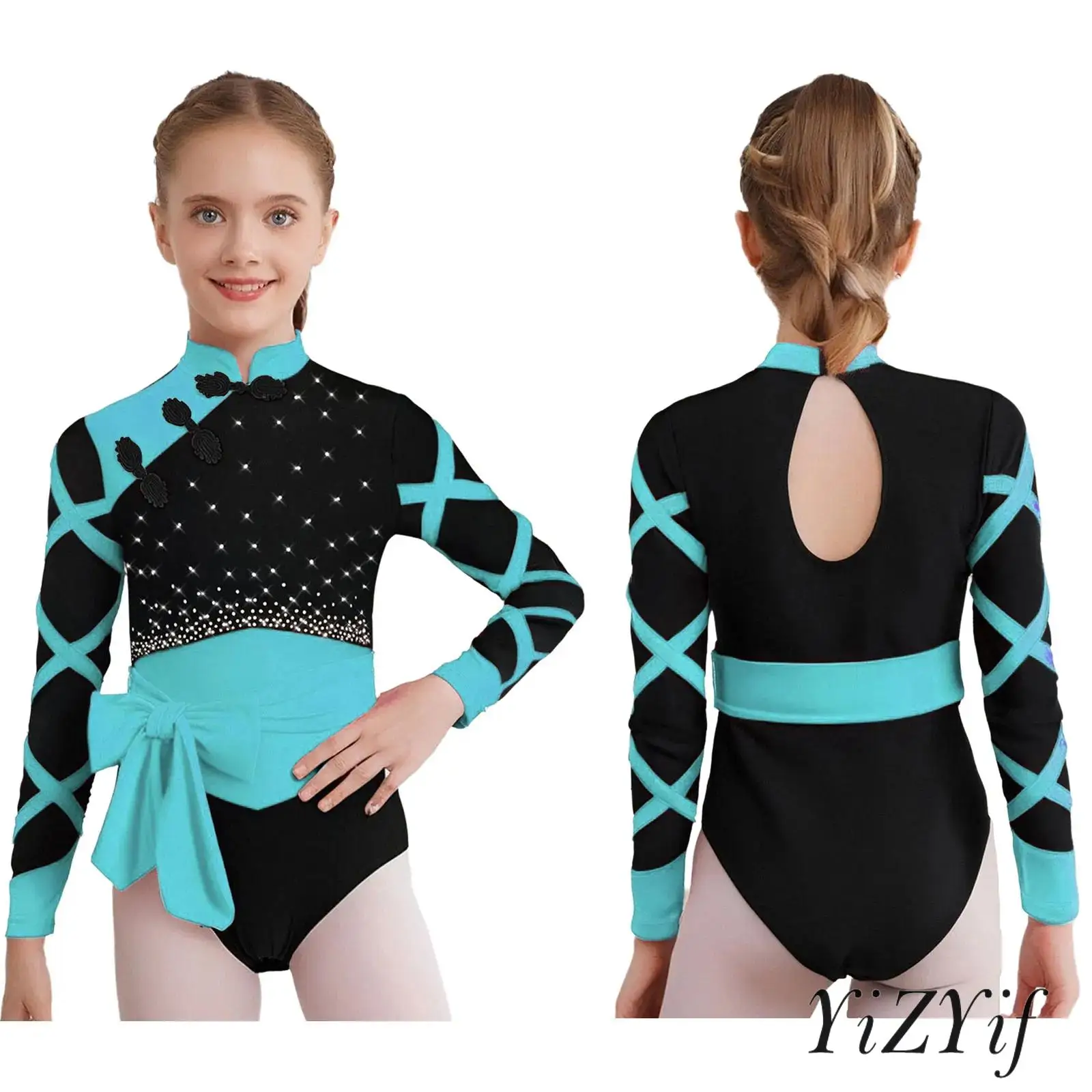 

Girls Figure Skating Performance Dance Outfits Long Sleeve Rhinestones Gymnastics Leotard+Belt+Shorts Ballet Lyrical Dance Wear