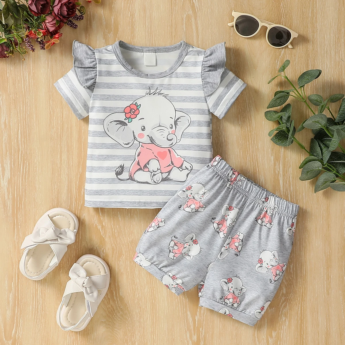 Clothing Baby's Girls Elepant Chinese Style Short Sleeve Summer Casual Daily Shors Suit