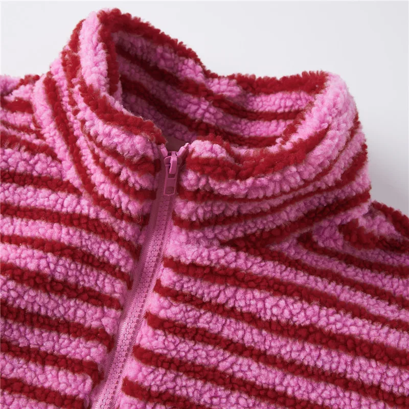 Women's Striped Fleece Jacket Color Block Half Zip Sherpa High Neck Pullover Trendy Oversized Warm Fuzzy Sweatshirt
