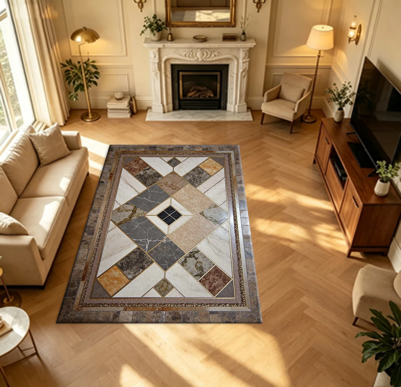 Luxury Marble Mosaic Tile Effect Carpet Flooring Golden Frame Geometric Stone Texture Household Indoor Decor Area Rug