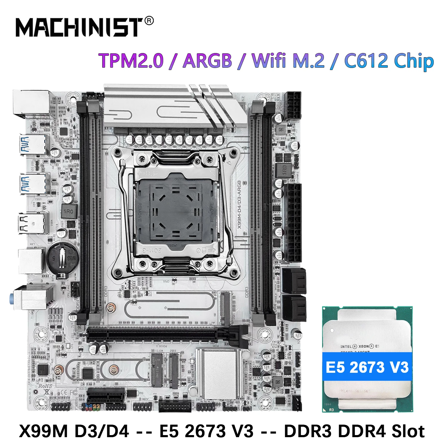 MACHINIST X99 Motherboard Xeon E5 2673 V3 LGA 2011-3 CPU DDR3 16GB RAM Support TPM2.0 ARGB C612 Chip DDR4/DDR3 Slot X99M D3/D4