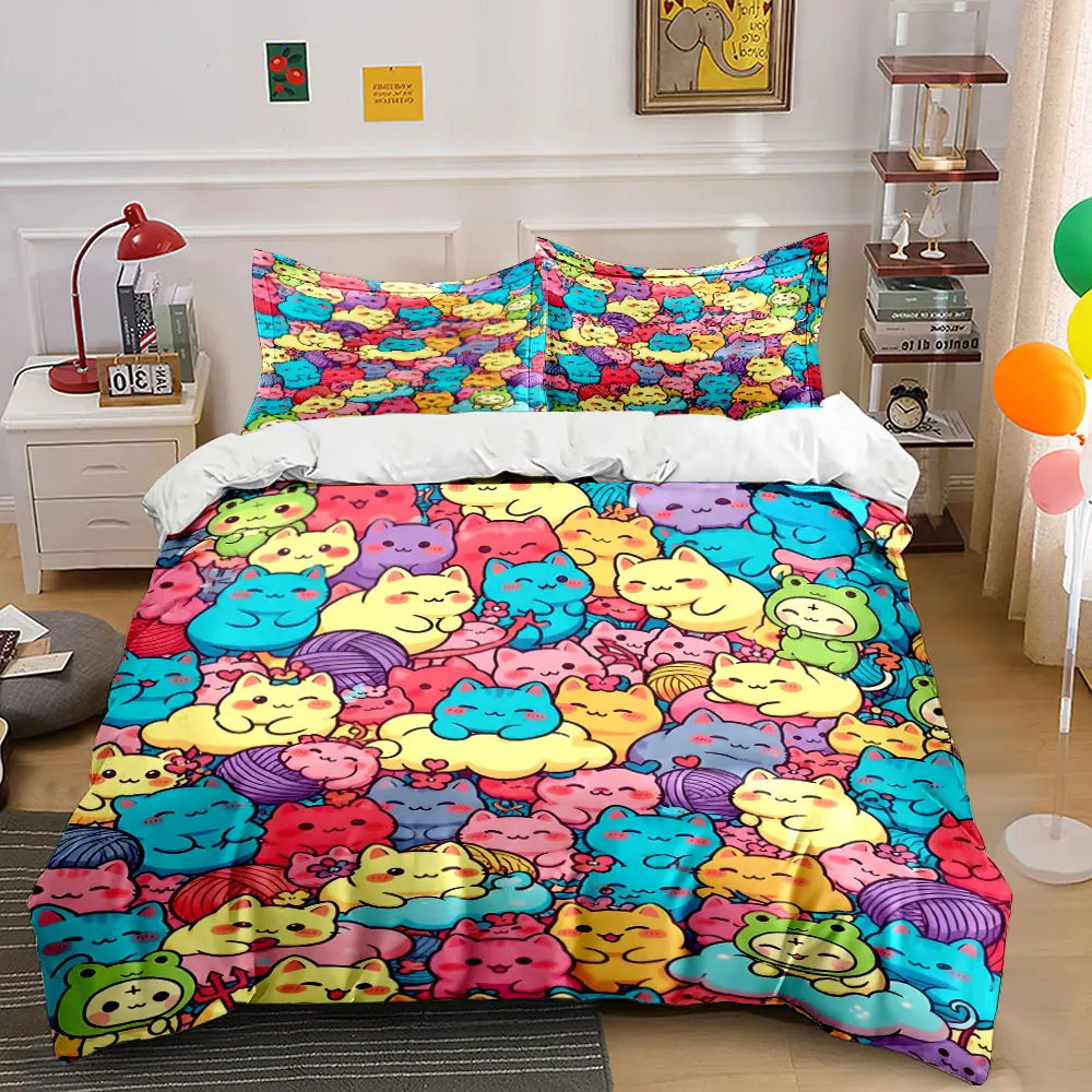 Colorful Cartoon Cat Group Print Bedding Set 1 Duvet Cover 2 Pillowcases for Adult and Children Luxury Gift Full Size