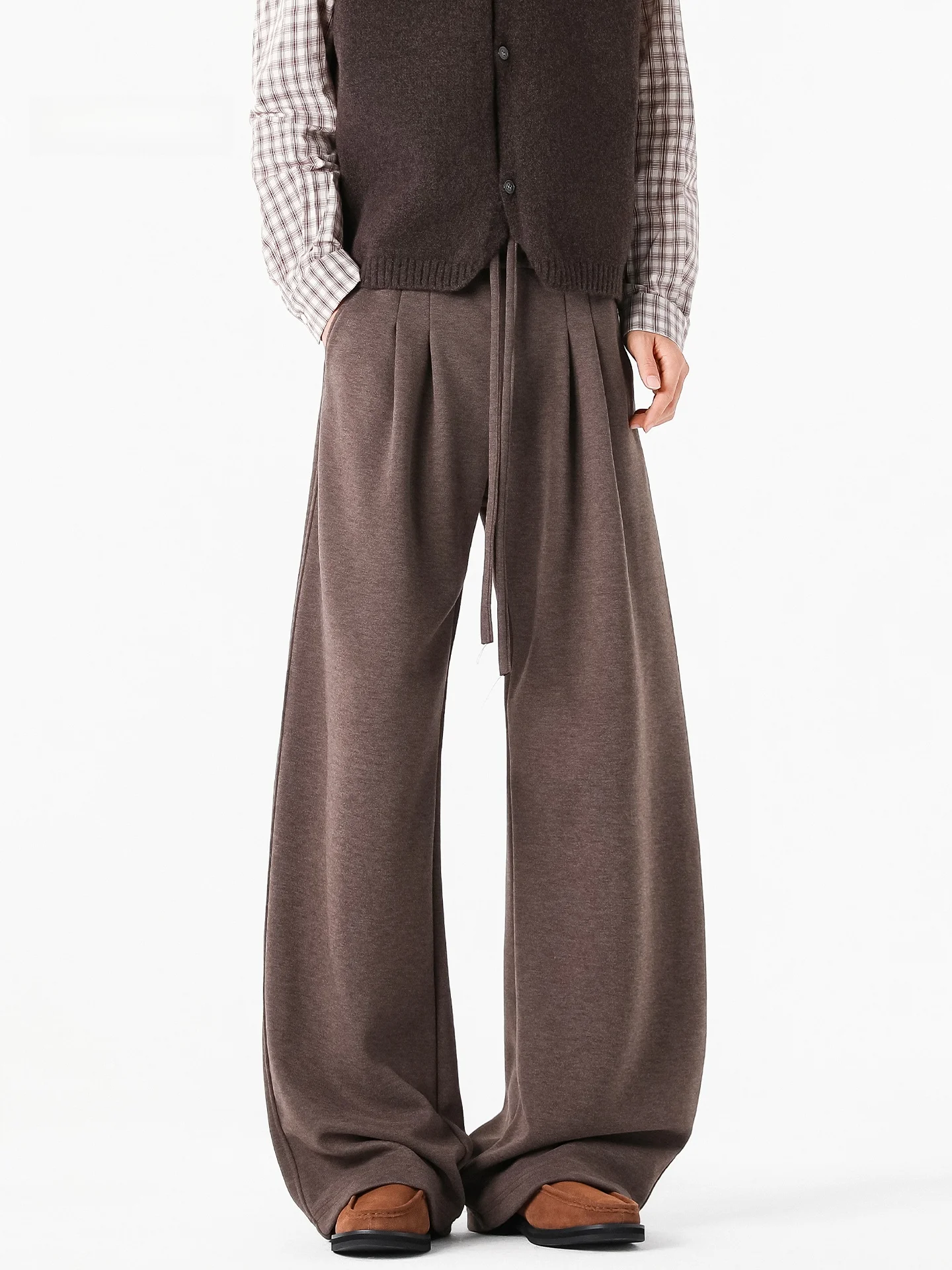 

Мужские повседневные брюки из шерсти и ацетата, коричневые, широкие, осенне-зимние, утепленные, в американском стиле, свободного кроя, прямые, с эффектом драпировки