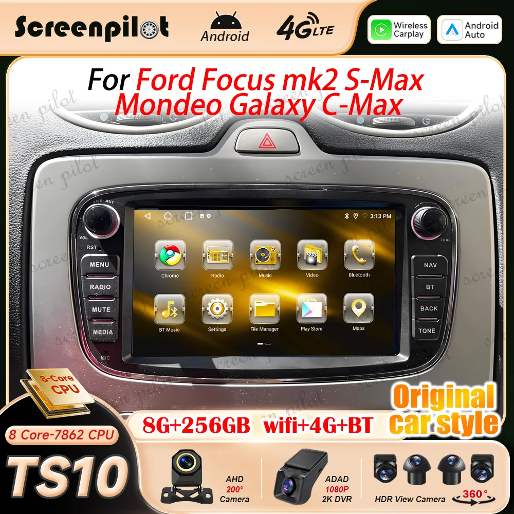 7 Inch Android 16 Car Radio Stereo For Ford Focus mk2 S-Max Mondeo Galaxy C-Max Multimidia Player GPS Carplay Android Auto 8Core