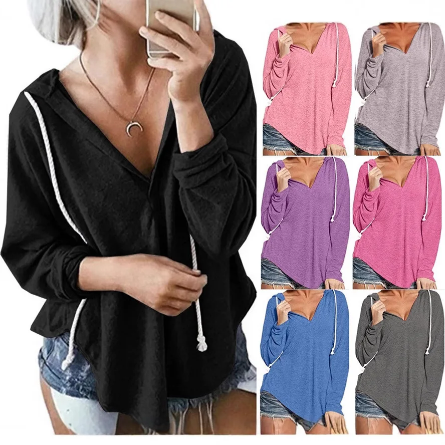 

Y2K women's splicing shirt loose V-neck hooded long-sleeved jumper autumn fashion casual simple elegant pull rope top