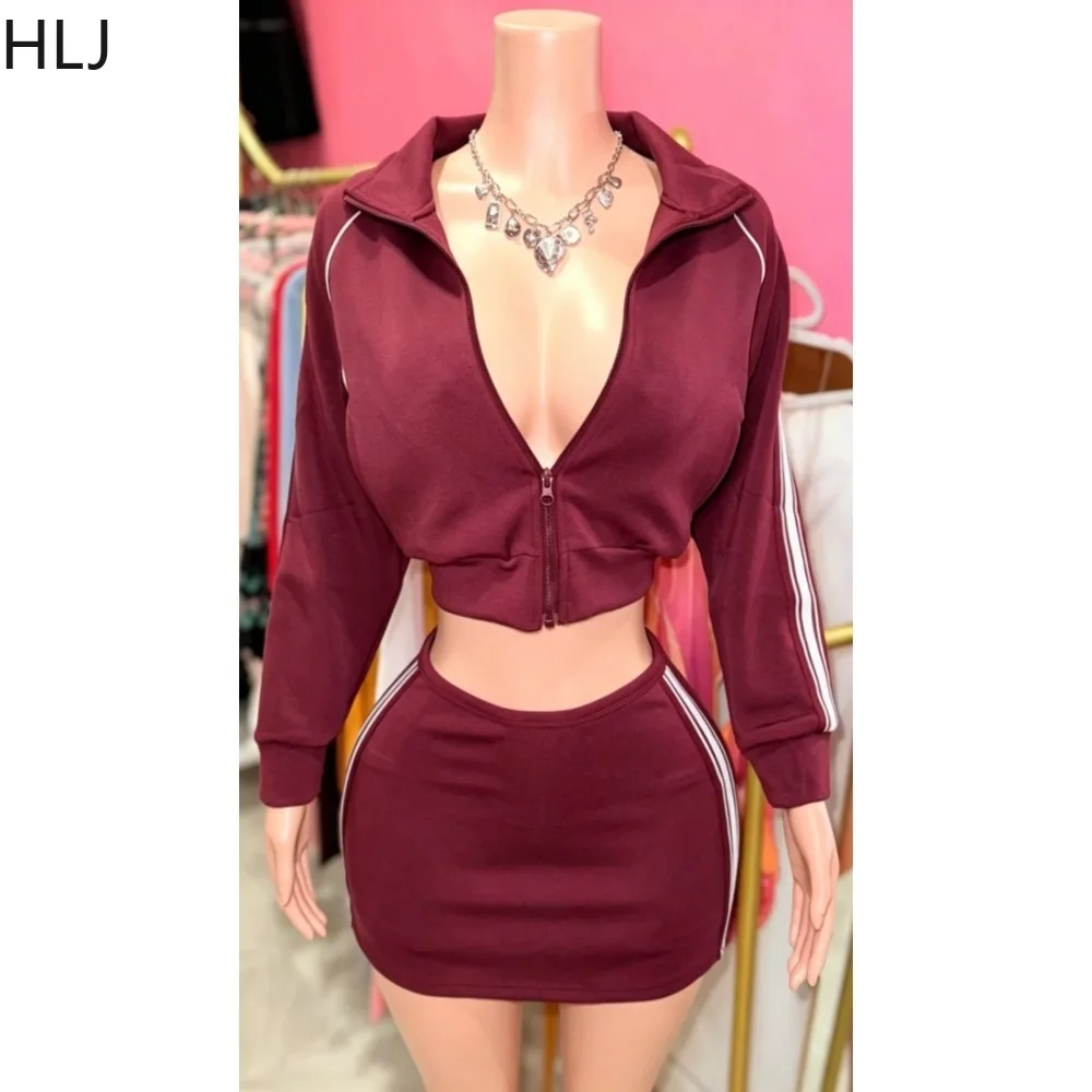 HLJ&GG Women Two Piece Set Tracksuit Zip Up Long Sleeve Crop Top And High Waist Mini Skirts Casual Sporty Outfits Streetwear New