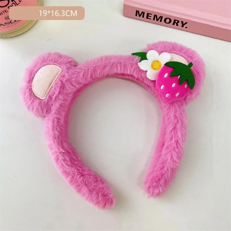 Plush Strawberry Bear Ear Headband Fleece Cute PInk Cartoon Bear Hairbands Girls Lovely Animal Headbands Hair Accessories  Extra