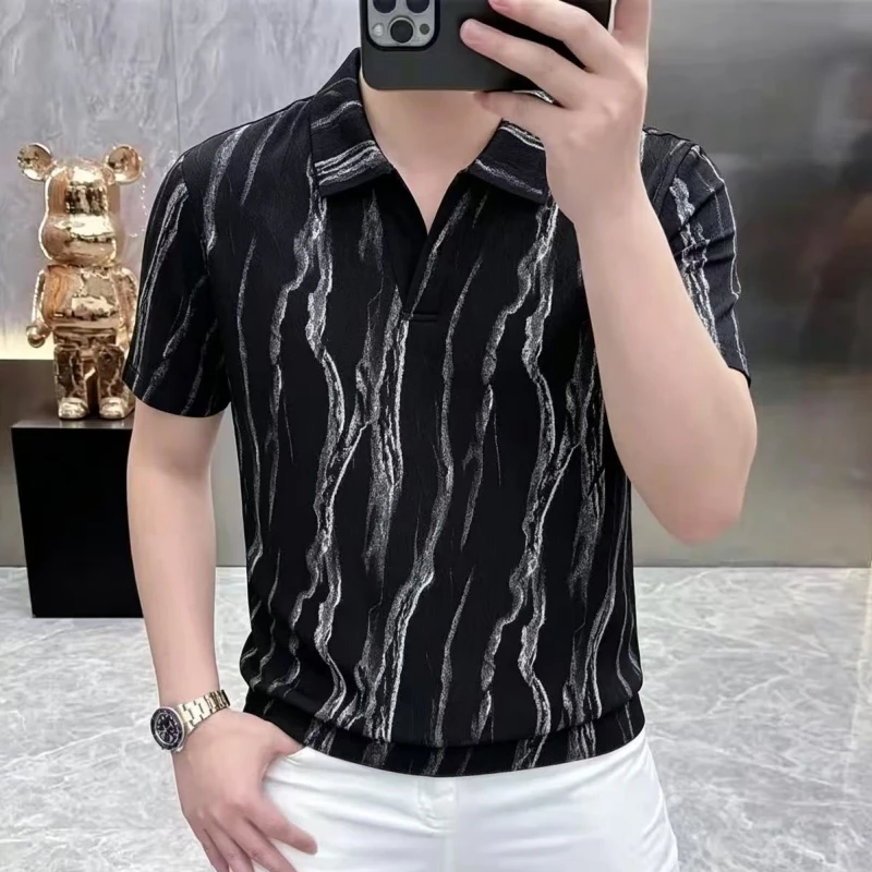 Summer Men's New Style Fashion Casual Seagull Collar Printed Lapel Polo Shirt Top
