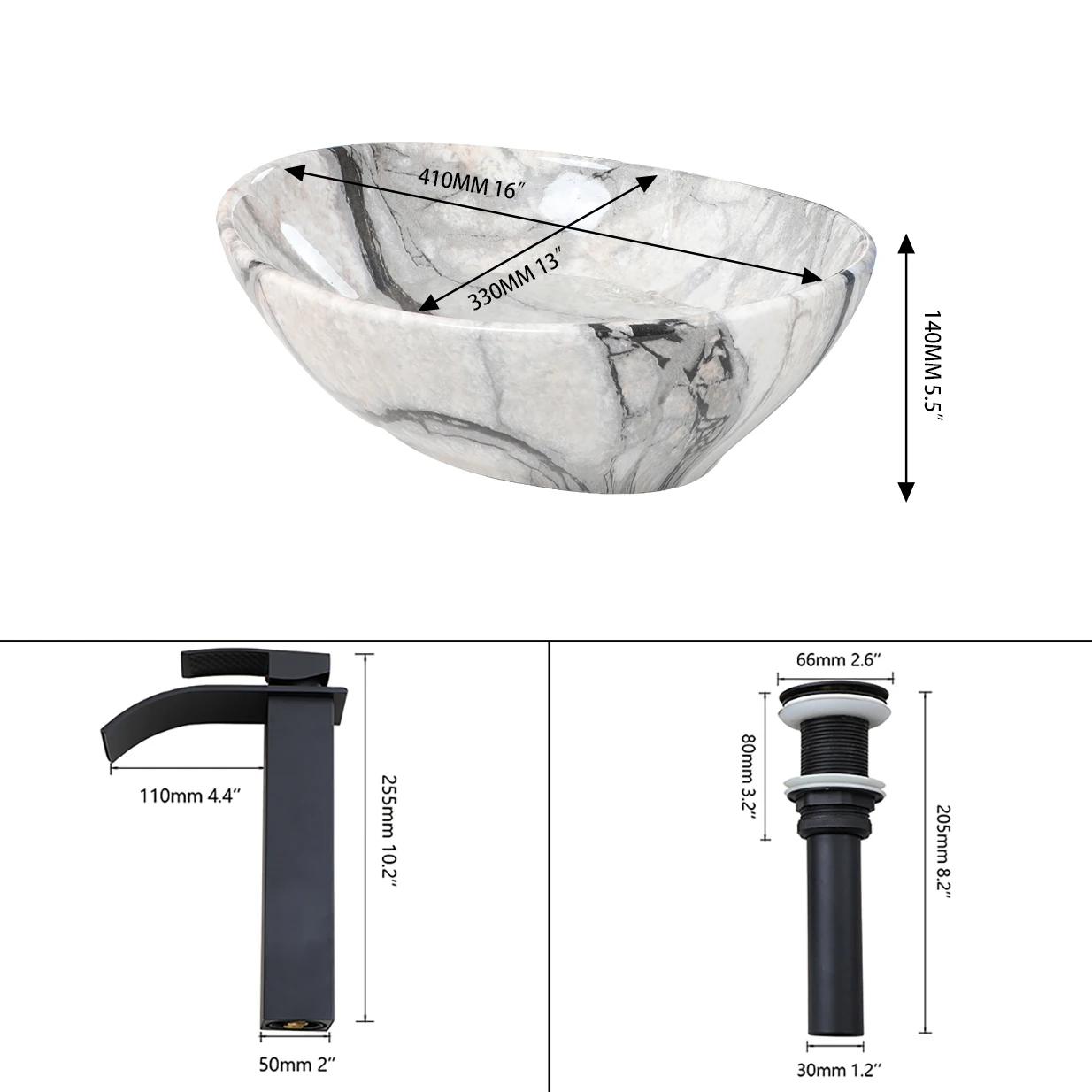 ZAPPO Marble Pattern Ceramic Vessel Sink Set Black Matte Faucet Combo Modern Bathroom Above-Counter Basin Vanity Sink Basin