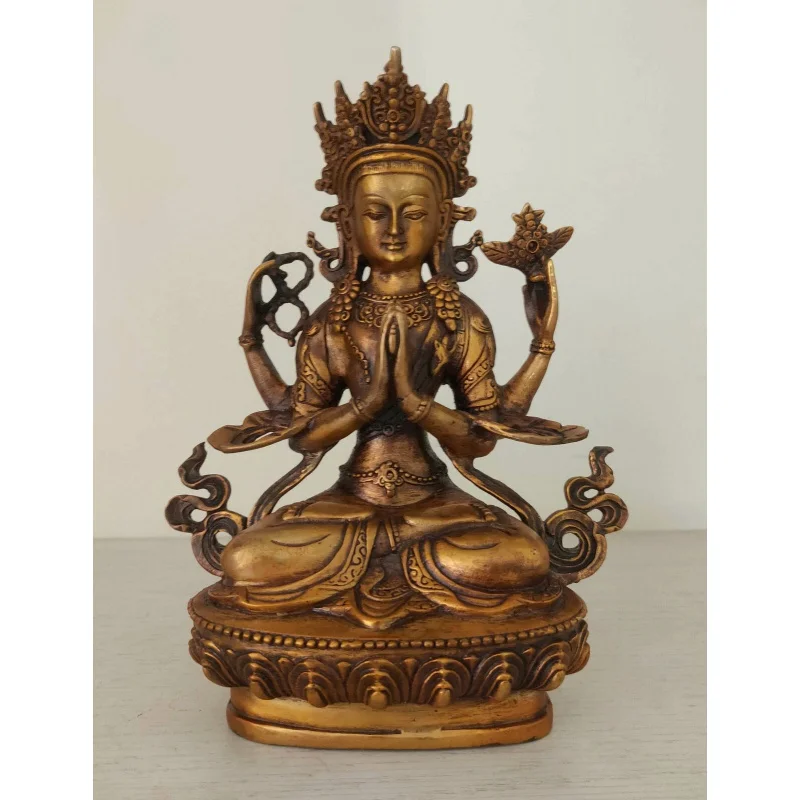 Divinity Golden Bronze 4 arms Buddha Four-armed Chenrezig Kwan-yin Statue