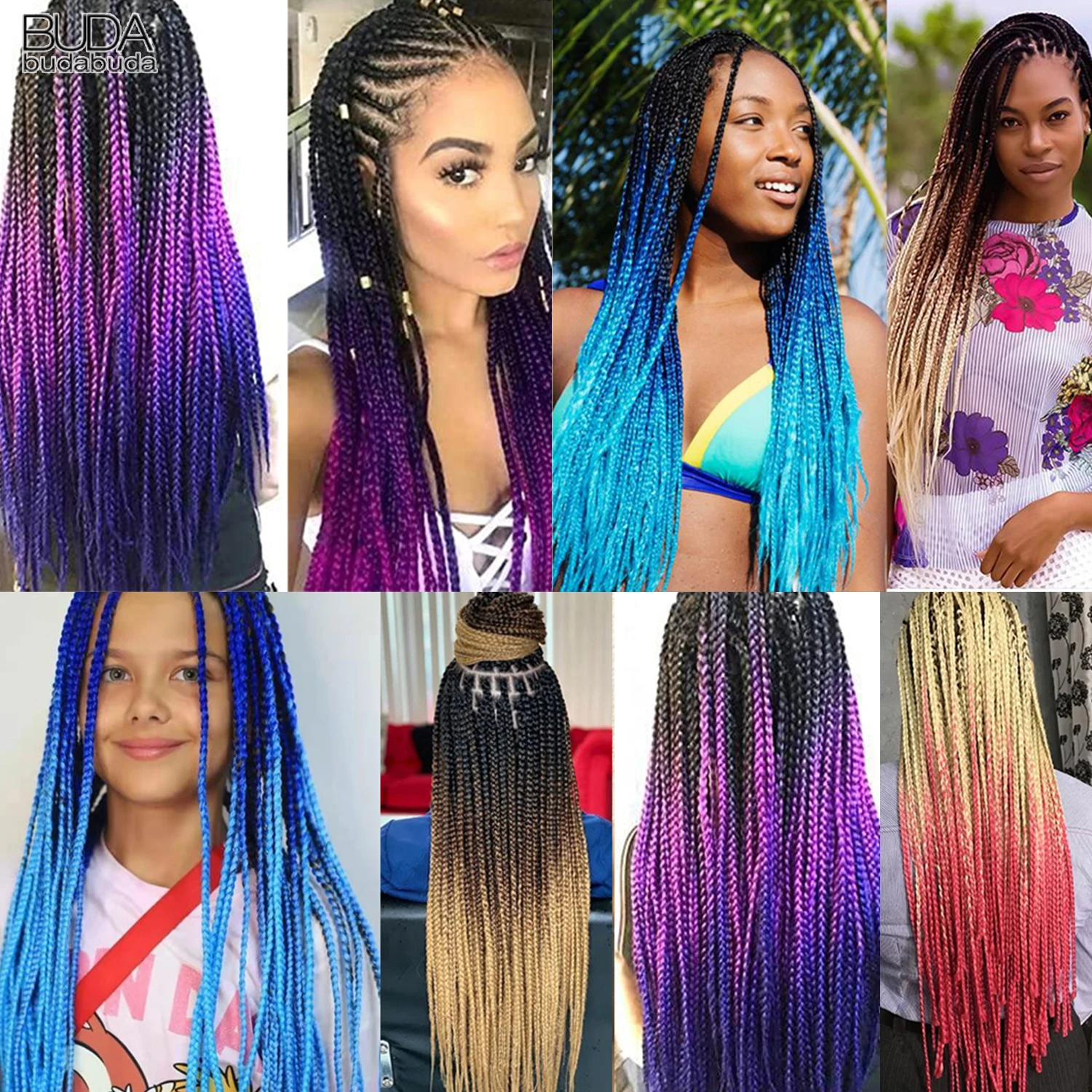 24inch Ombre Box Braids Crochet Hair Long Pre-Looped Crochet Braids For Women Girls Synthetic Braiding Hair Extensions BUDABUDA