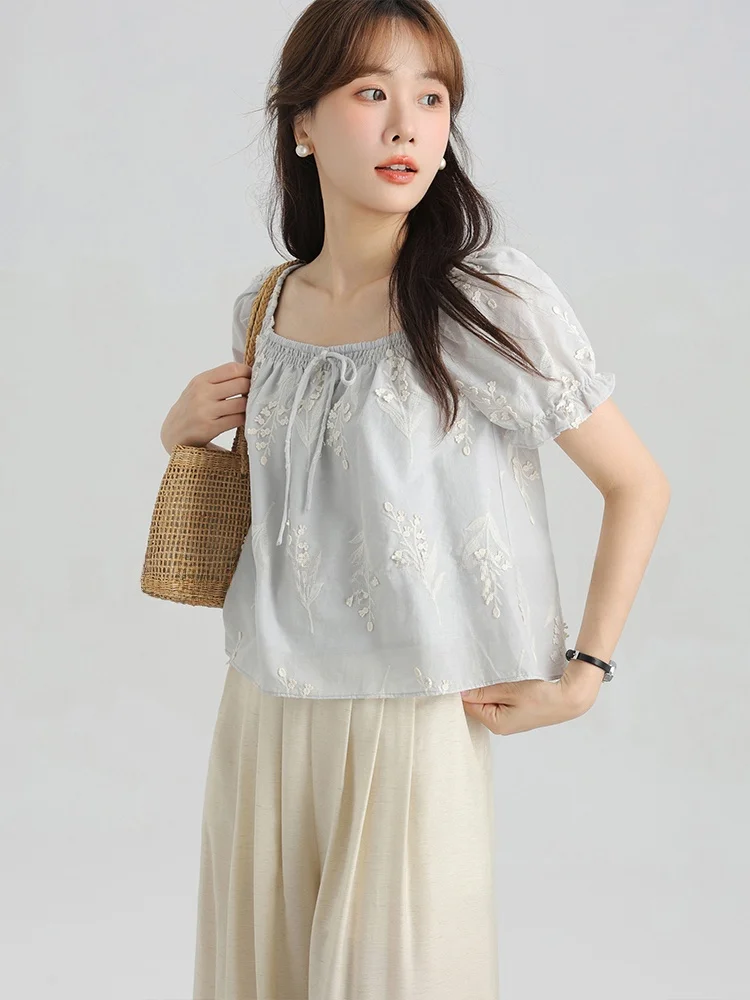 

Sweet Design Sense Bubble Sve Embroidered ort Sve Square Collar Overhead Women's irt Summer Faion Ele Sle