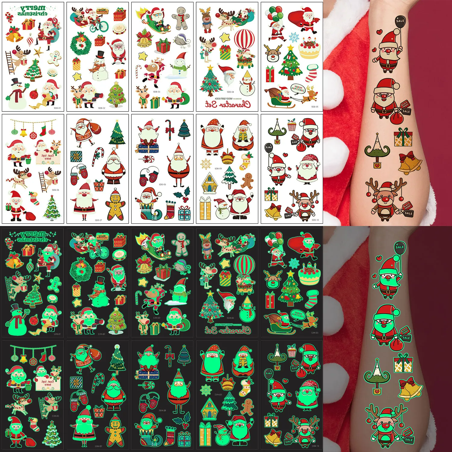 

10 Christmas Tattoo Stickers, Luminous Series Temporary Tattoos, Glow in the Dark, 102 Cartoon Christmas Tree Santa Claus Snowman Element Pattern Fake Tattoo Stickers, Fun Decorative Waterproof Tattoo Stickers, Suitable as Christmas Party Gifts