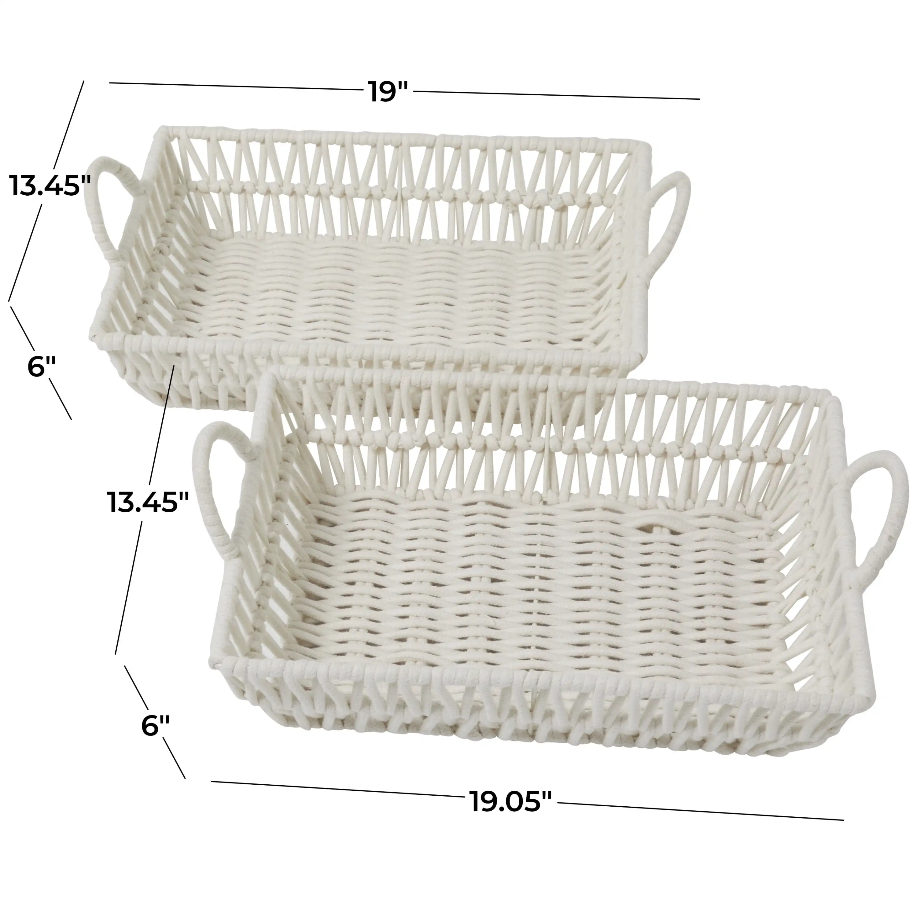 19, 18W White Cotton Handmade Woven Storage Basket with Handles, 2-Pieces