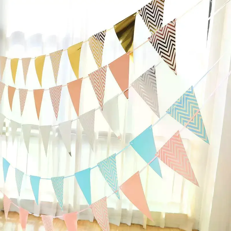 Triangle Bunting Flags With Metallic Accents Chevron Patterns For Birthday Wedding Baby Shower Decor Colorful