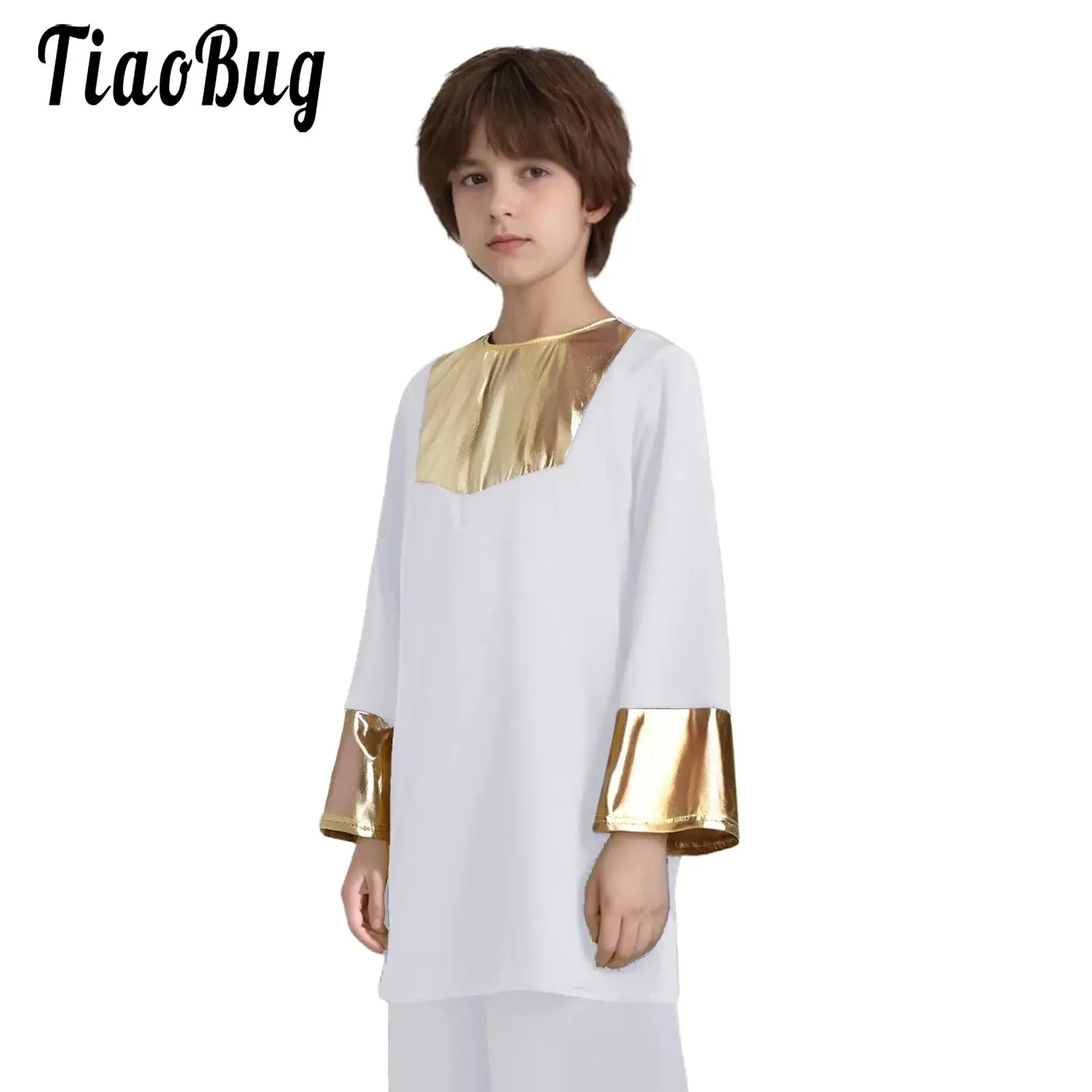 Kids Boys Worship Praise Dance Choir Church Shirts Tops Round Neck Long Sleeve Back Zipper Metallic Color Block Patchwork Robe