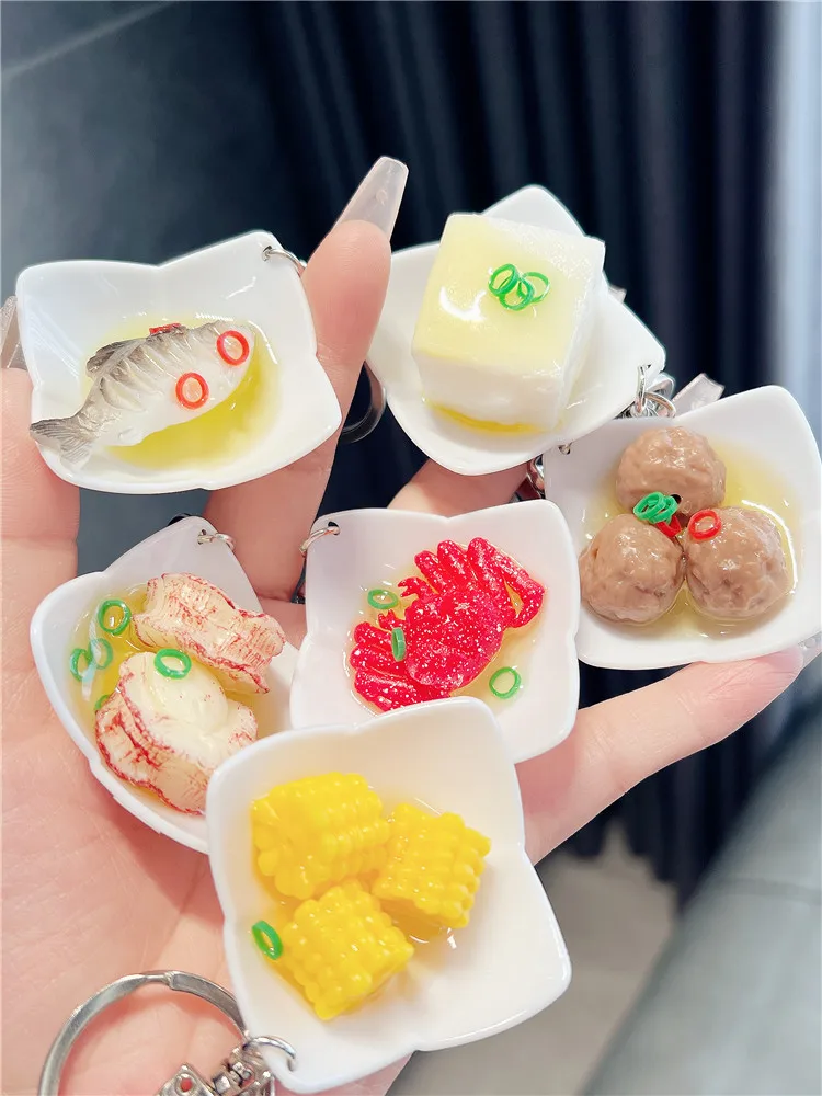 New Food Keychain Creative Simulation Cute Fish Ball Shrimp Seafood DIY Dish Model Keyring Car Phone Bag Pendant Gift Ornaments