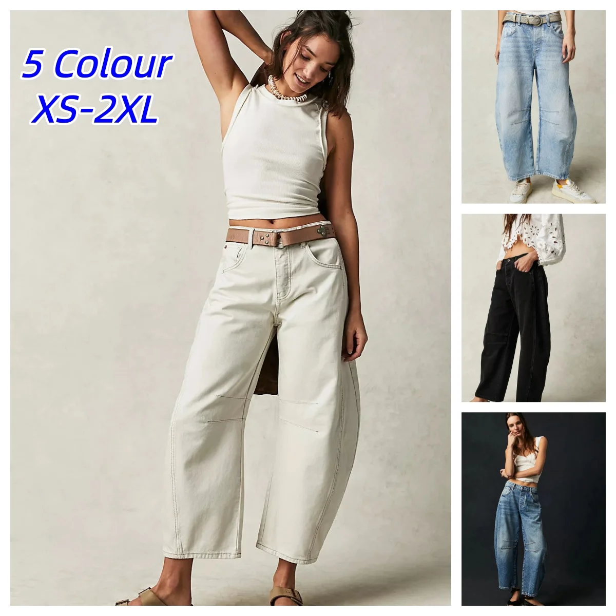 Women Vintage American Style Denim Barrel Jeans Knee Splicing Design Straight Pants Commuter Casual Loose Mid Waist Trousers