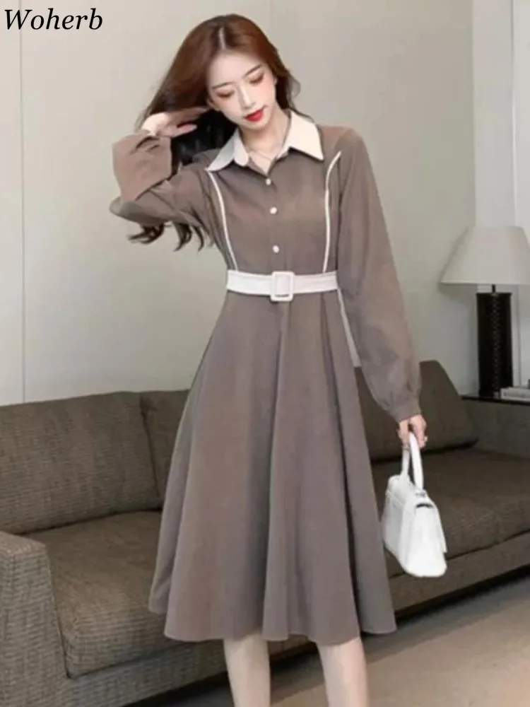 Elegant Long Sleeve Single-breasted Female Dress Autumn Slim Belt Women A-line Dresses 2024 Fashion Patchwork Vintage Vestidos