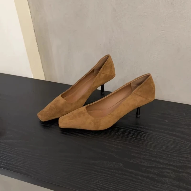 2026 New Autumn French Elegance Soft High Heels Commute Shoes Surface Square Head Thin Heel Slip-On Women's Shoes