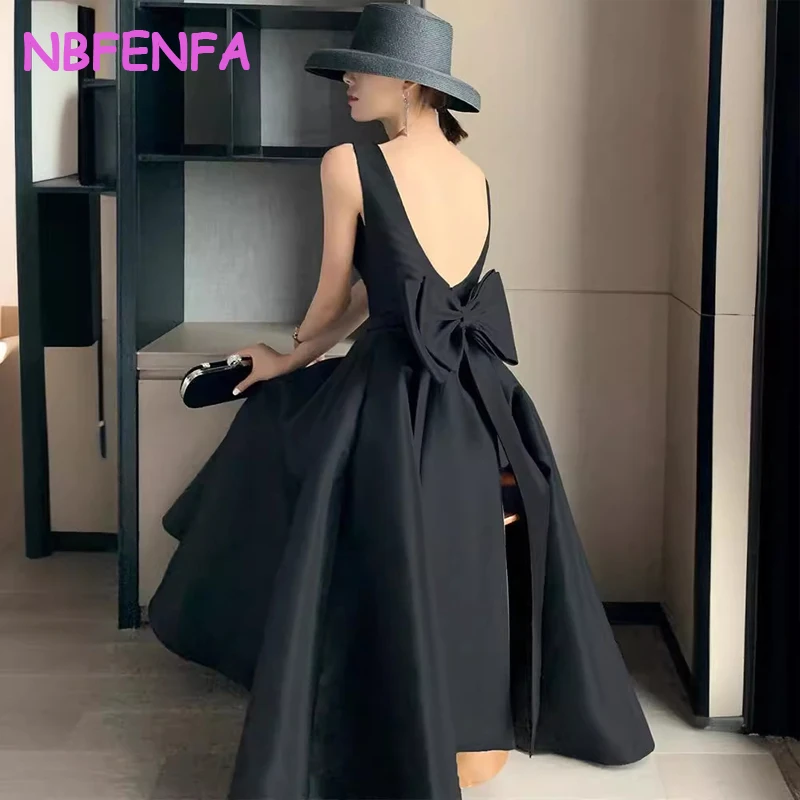 NBFENFA 2024 Elegant Sexy Backless Big Bow-tie Evening Guest Long Party Summer Dresses for Women Black Prom Birthday Vestidos