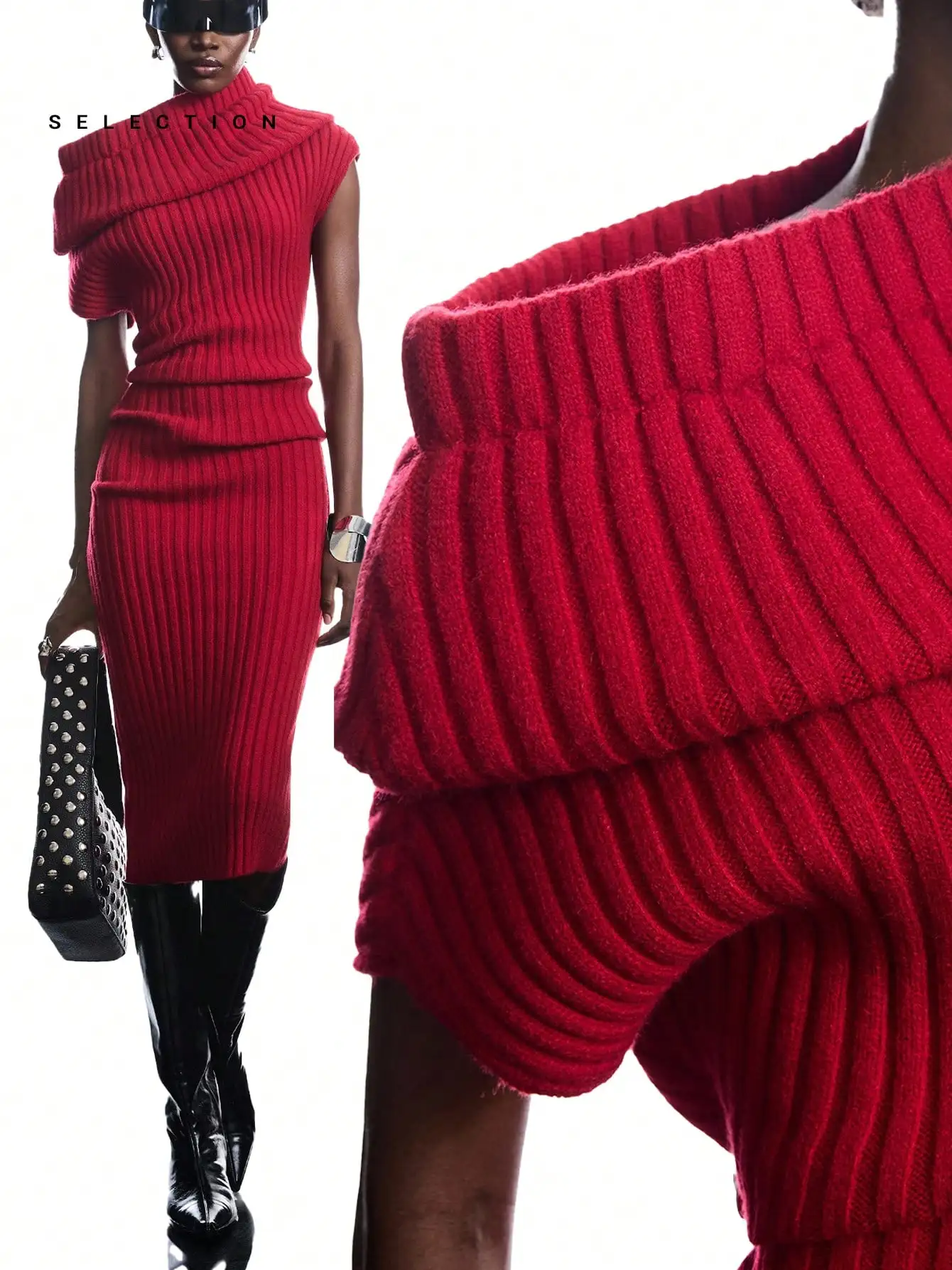 

Красное трикотажное платье с асимметричным вырезом-халтером, облегающее, осенне-зимняя женская мода