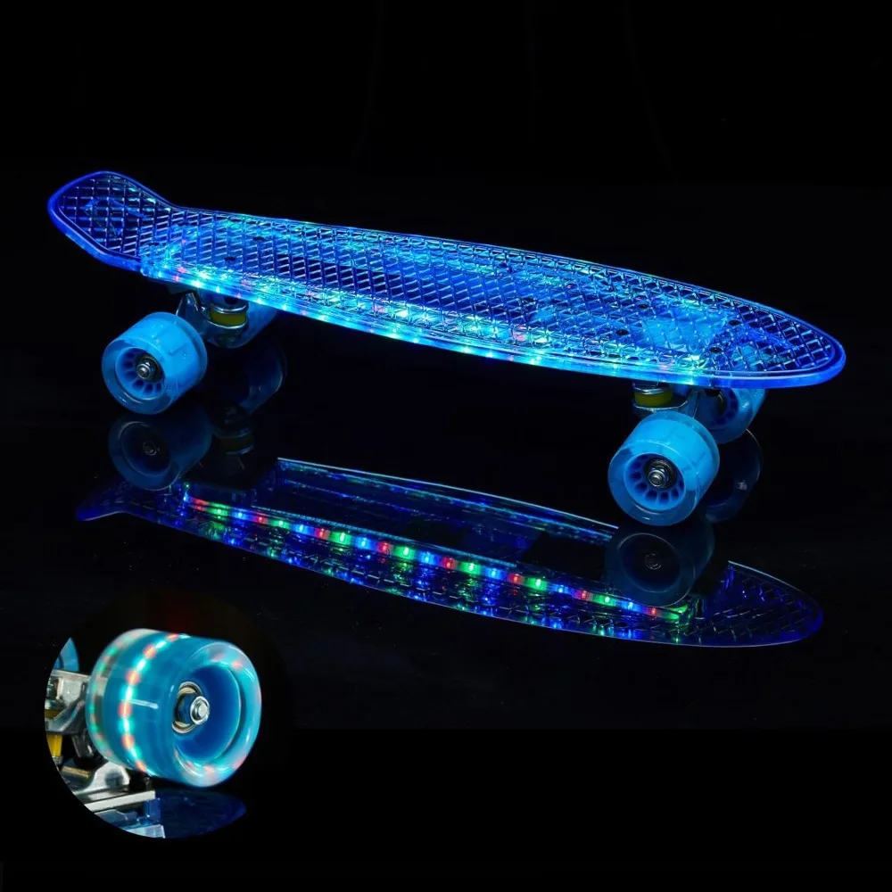 22 inch skateboard with LED glowing wheels for beginners, complete mini cruiser retro skateboard for kids with a smooth ride