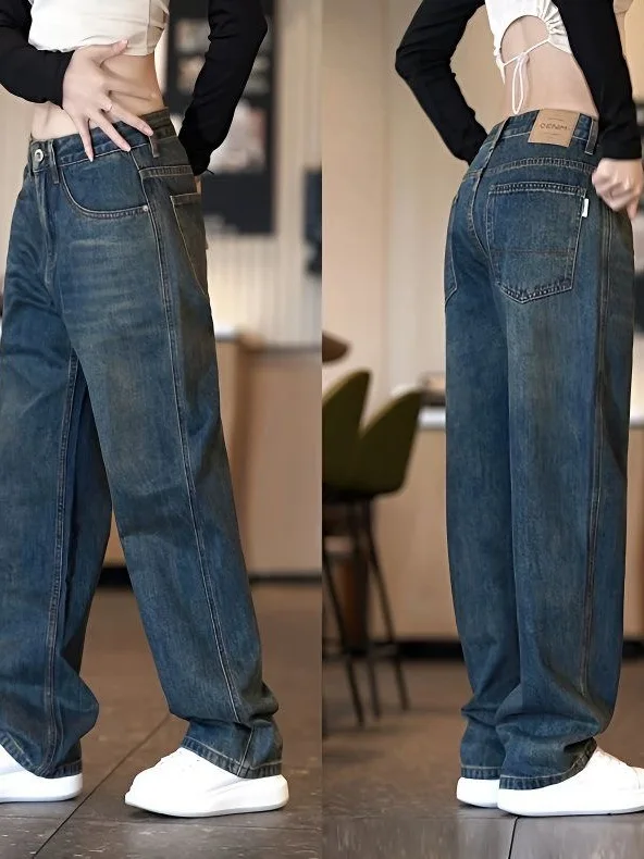 

Retro Straight Leg Men's Jeans Loose Fit Classic Blue Trendy All-Match Autumn Winter Long Pants Sli Casual Trousers