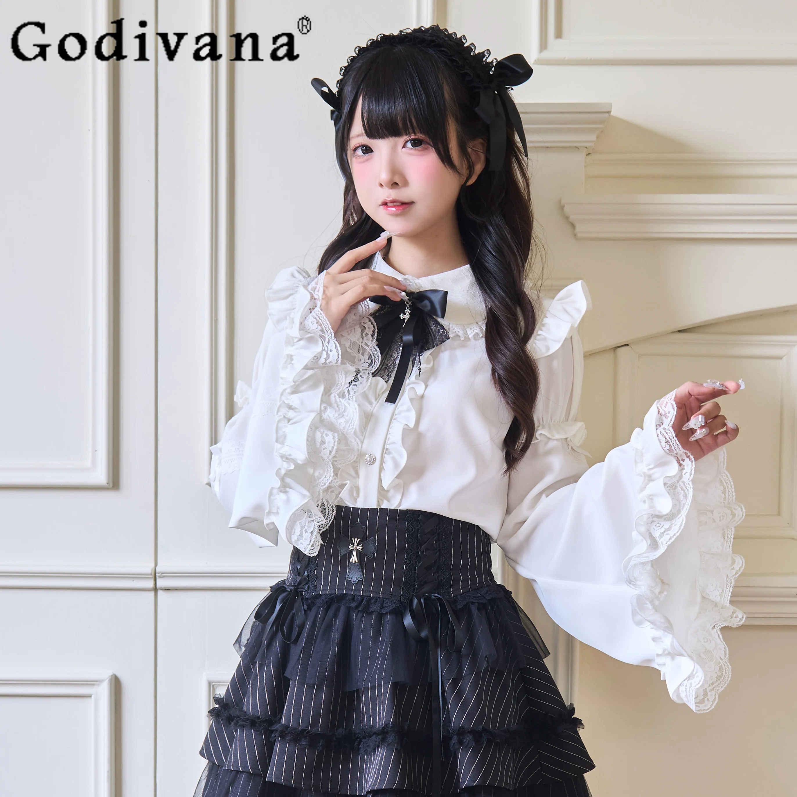 Original Japanese Mine Series Mass-produced Shirt Women's Sweet Cute Bow Lace Flared Sleeve Lolita Top Black Skirt Spring New