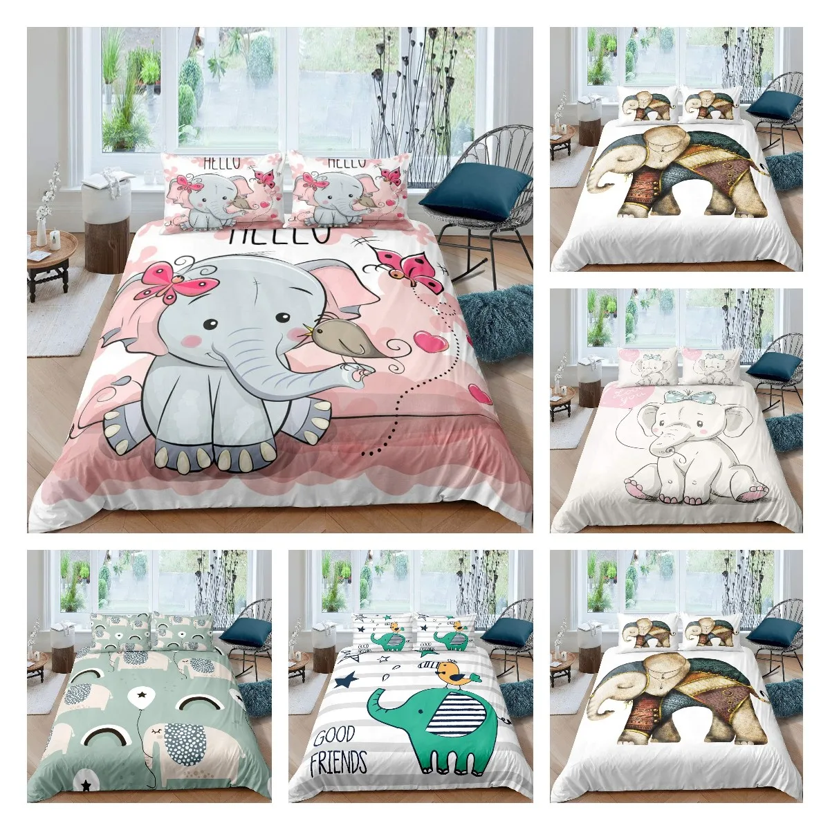 Kids Elephant Bedding Set King/Queen Size, Cartoon Cute Animal Duvet Cover For Girls Boys Lovely Room Decor With 2 Pillowcases