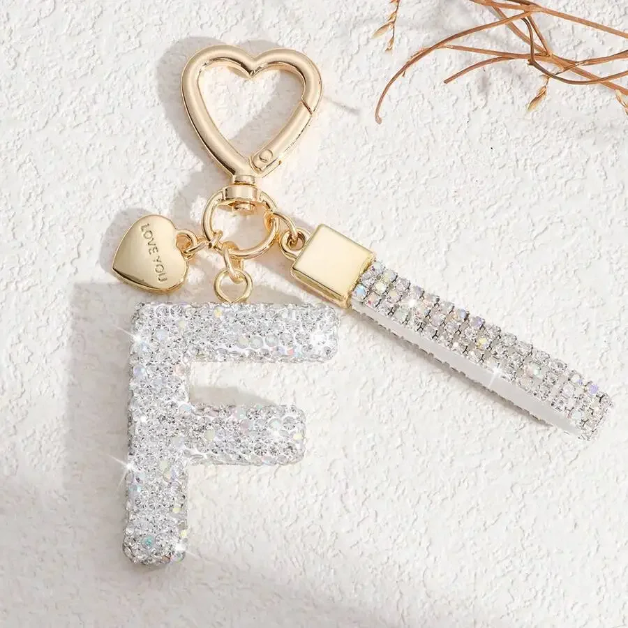 Llavero con Letra F de Diamantes de Imitación y Colgante de Corazón, Accesorio para Bolsos y Coches, Regalo para Adultos
