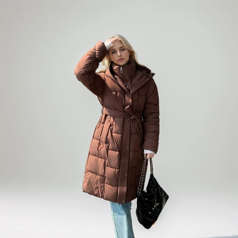 Damska zimowa parka z paskiem, jednolity kolor, patchworkowy kołnierz stójkowy, taliowana, płaszcz damski, płaszcz modelujący sylwetkę dla kobiet.