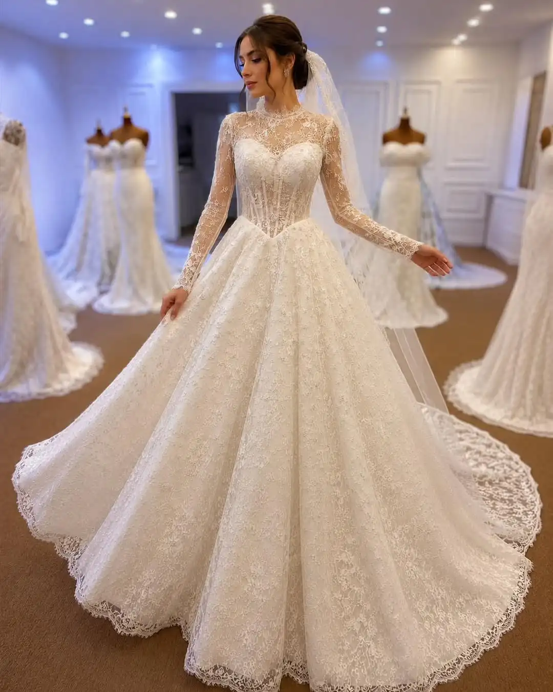 Custom Made Romantic Sheer Lace Long Sleeve Wedding Gown | High Neck Princess Ball Gown with Buttons Back Amanda Novias Official