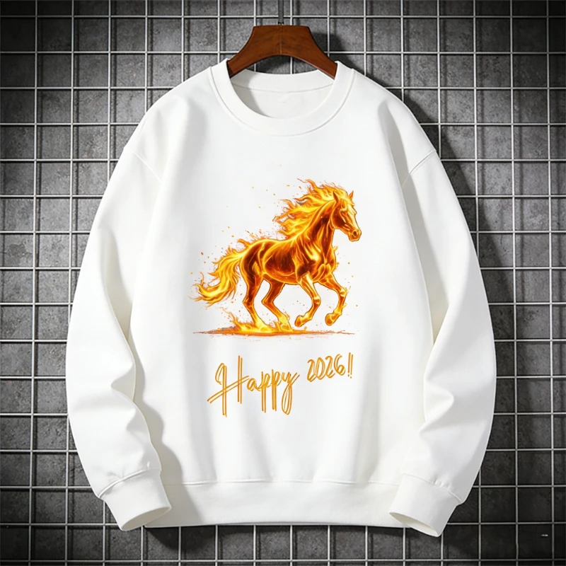 سويت شيرت Fiery Horse سنة Crewneck للجنسين هدية لمحبي الجرافيك مطبوعة بغطاء للرأس متطابقة محظوظة للخريف والشتاء