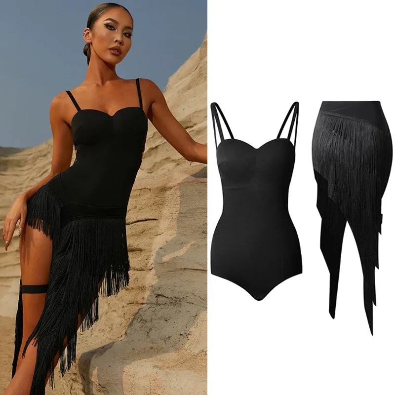 Vestido feminino de dança latina com saia de franja, roupa de samba cha cha cha rumba, blusa sexy, preto, competição, adulto