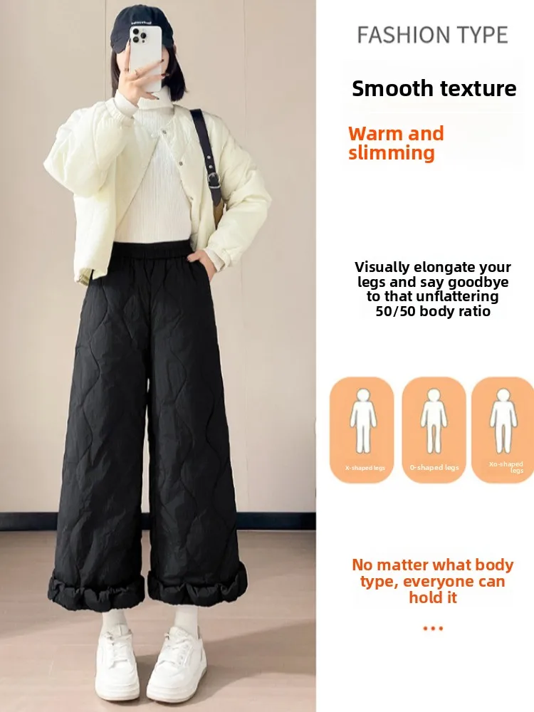 กางเกงขายาวทรงกระบอกเอวสูง ผ้ากันน้ำ กันลม สีขาว บุขนเป็ด สำหรับฤดูหนาว สไตล์ลำลอง ชายเอวยืดหยุ่น ความยาวเก้าส่วน ไซส์เล็ก ผ้าฝ้าย...