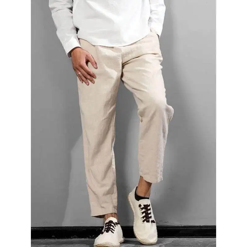

Мужские повседневные брюки в японском ретро-стиле из хлопка и льна, дышащие, свободные, с эластичным поясом, летние, модные, прямые, укороченные (до щиколотки)