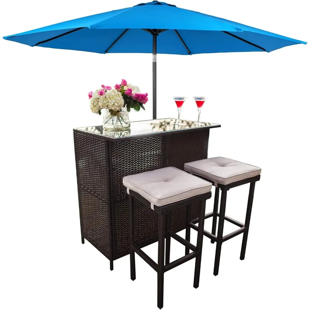 Outdoor Bar Set 3-Piece Rattan Wicker Patio Furniture, Glass Bar and Two Stools with Cushions and 9 FT Patio Umbrella for Patios