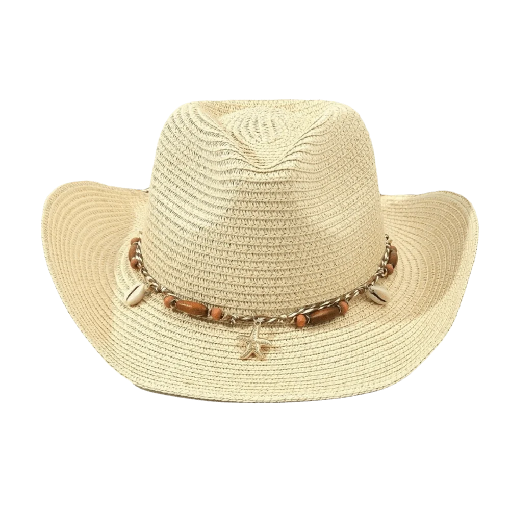 Starfish Pattern Acrylic Fibers Straw Cowboy Hat Conch Shell Windproof Sun Hat Large Wide Brim Foldable Floppy Hat Summer